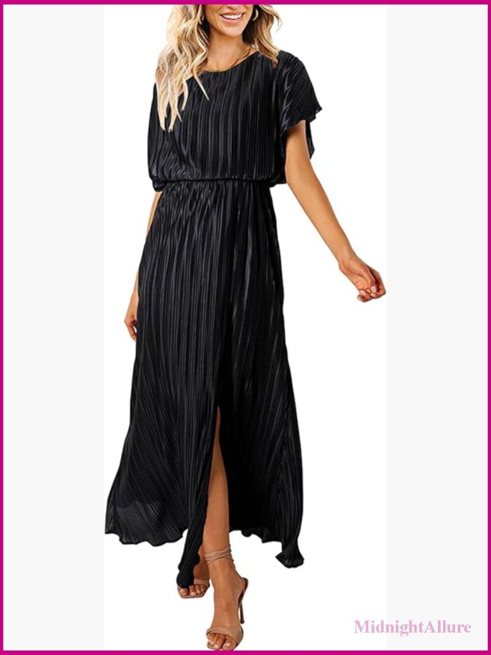 Women's Short Sleeve Maxi Dress Pleated High Slit Empire Waist Formal